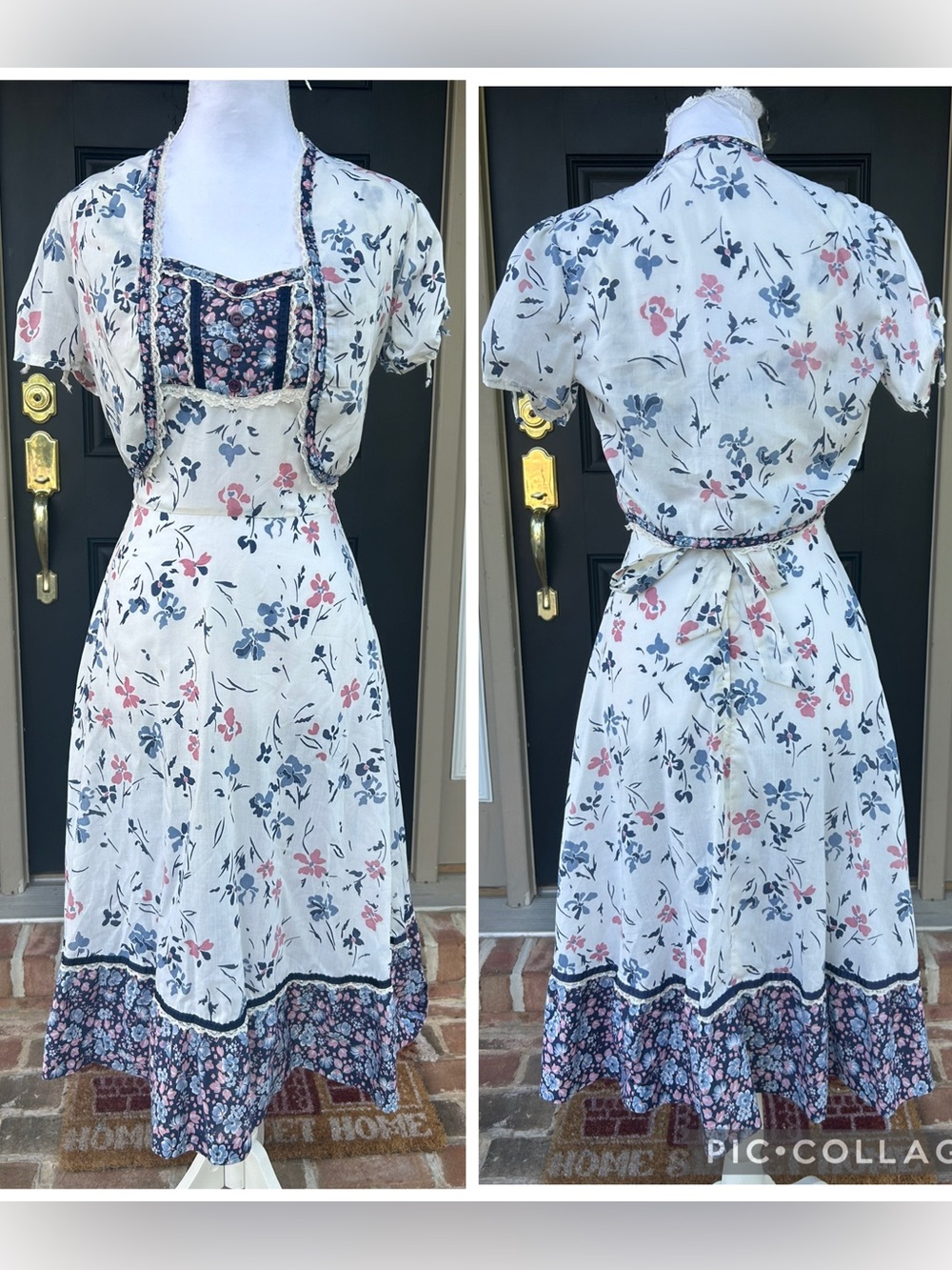 Vintage 70s cream blue mauve floral sundress matching bolero cottagecore boho XS